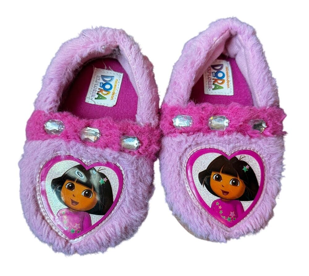 Vintage Dora The Explorer Fuzzy Pink House Slippers Girls 7/8 Med Jewels heart
